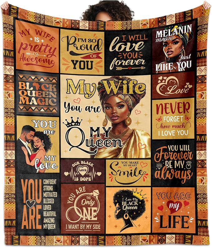 African American Gifts for Wife from Husband Blanket 60"X50", Dope Black Wife Birthday Gift Ideas, Wedding for Women, Afro Inspirational Gifts Idea for Wifey Valentines Day