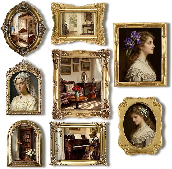 Lineshading 8 Pcs Vintage Picture Frames Set for Gallery Wall, Antique Gold | Resin Photo Frames Collage Assorted Sizes 8x10, 5x7 & 4x6, Ornate Victorian Country Decor for Wall Mount & Tabletop Display