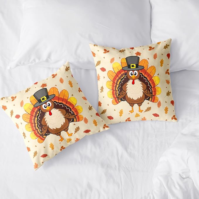 Happy Thanksgiving Pillow Covers 18x18 Cute Cartoon Turkey with Fall Maple Leaves Throw Pillow Covers Square Cotton Blend Pillow Case Set of 2 for Living Room Sofa Bedding