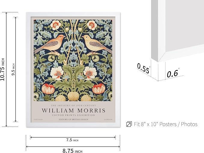 Poster Master William Morris Poster - Strawberry Thief Print - Bird Art - Botanical Design - Flower Art - Exhibition Display - Animal Illustration - Floral Design - Office or Bedroom Wall Decor - 8x10 White Framed