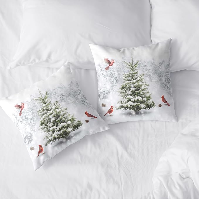 Winter Christmas Pillow Covers Snowy Natural Forest Decorative Pillow Case 22x22 Green Pine Tree with Cardinal Birds Cushion Case for Couch Living Room Patio,2 Pack