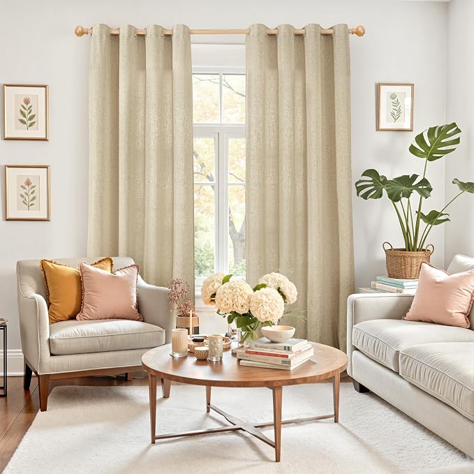 YoungsTex Burlap Linen Curtains with Grommet 84 Inch Length for Living Room, Natural Tan Light Filtering Drapes Privacy Semi Sheer for Farmhouse Bedroom, 2 Panels, 52 X 84 Inch
