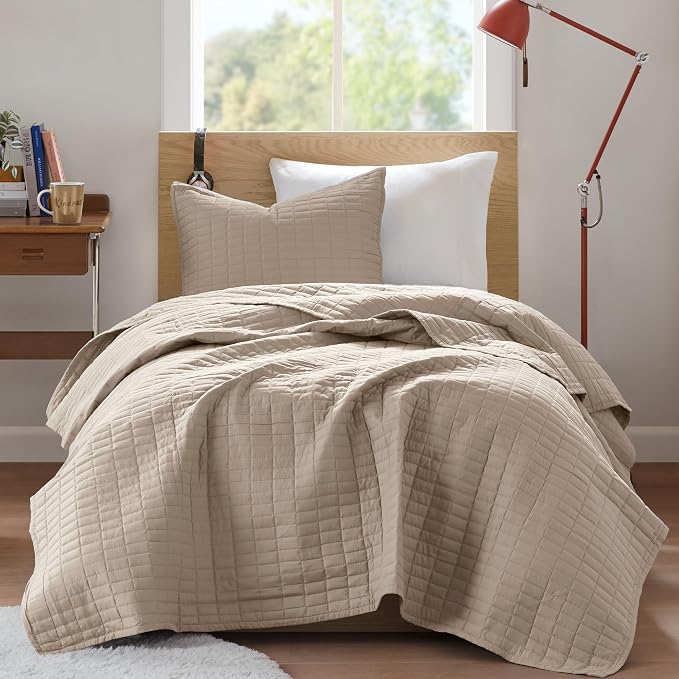 Comfort Spaces Kienna Twin Quilt Bedding Set 2 Piece, 66"x 90" Taupe | Soft Cozy Lightweight Summer Twin XL Coverlet for College Dorm, Quilted Extra Layer, Modern Casual Bedroom Decor, OEKO-TEX
