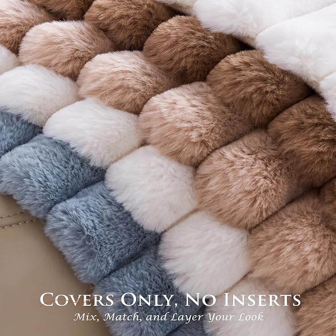Pack of 2 Throw Pillow Covers 18x18 Decorative Solid Plush Faux Fur with Soft Velvet Back, Square Striped Cushion Cases Modern Farmhouse Home Decor for Living Room Couch Sofa Bed Serene Blue