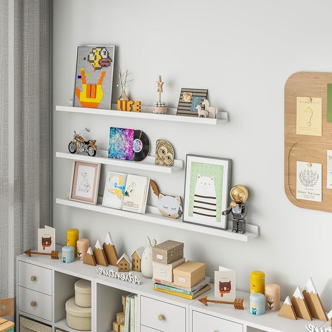 FLYJOE Picture Ledge Shelf for Wall, 24 inch Solid Ash Wood Nursery Book Shelves 2 Packs, Floating Shelves for Kids' Room Bedroom Bathroom Living Room Photo Frames Office Nursey Wall Decor, White