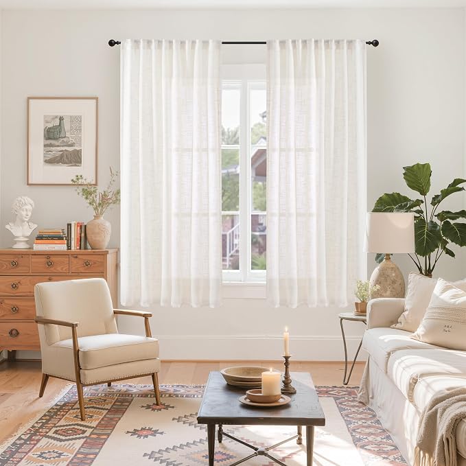 YoungsTex Natural Linen Semi Sheer Curtains 63 Inch Length 2 Panels - Light Filtering Drapes with Rod Pocket Back Tab Semi Sheer Rustic for Living Room Bedroom Window, 42 X 63 Inch
