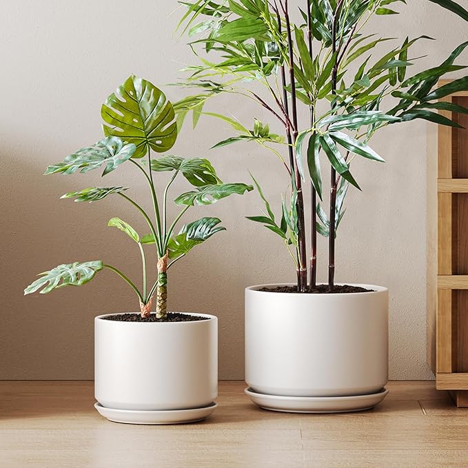 LE TAUCI Ceramic Pots for Plants, Set of 2, 10 + 12 Inch Plant Pot with Drainage Hole and Saucer, Durable & Stylish Planters for Indoor Plants, Elevate Your Home’s Aesthetic, White