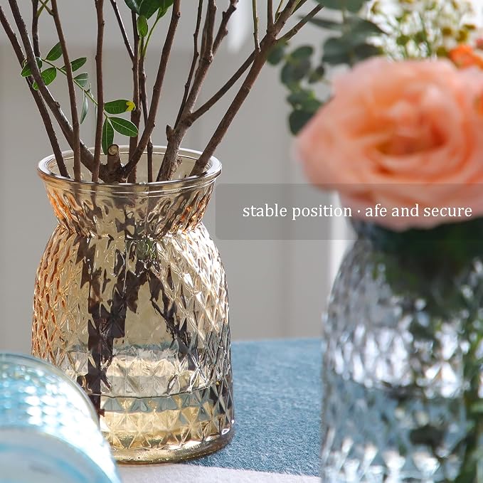 OFFIDIX Glass Vase, 6.2 * 3.5in Large Mouth Shape Geometric Faceted Design Flower Vase for Weddings,Events,Decorating,Office,Home Decor