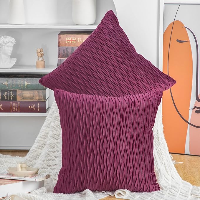 MADIZZ Set of 2 Super Soft Velvet Decorative Throw Pillow Covers 16x16 inch Burgundy Square with Texture Luxury Style Cushion Case Pillow Shell for Sofa Bedroom