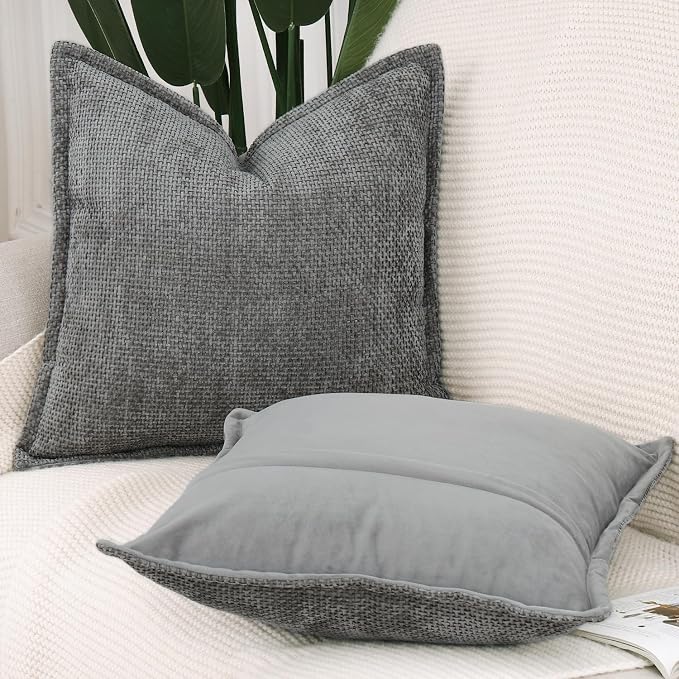MADIZZ Decorative Chenille Velvet Throw Pillow Covers Set of 2 Soft Boho Textured Neutral Couch Throw Pillow for Bed Modern Farmhouse Home Decor for Sofa Livingroom Dark Grey 20x20 Inch