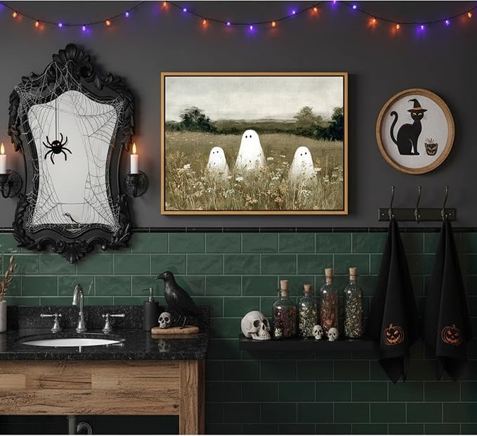Framed-Halloween Ghost Canvas Wall Art-12x16in | Vintage Wildflowers Cute Ghost Picture Poster Print.Halloween Wall Decor for Bedroom Living Room Bathroom