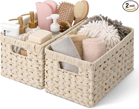 GRANNY SAYS White Wicker Baskets for Storage, Wicker Storage Baskets,2-Pack | Waterproof Storage Baskets for Organizing, Plastic Wicker Basket for Shelf, Living Room, Pantry, Entryway, Woven Baskets