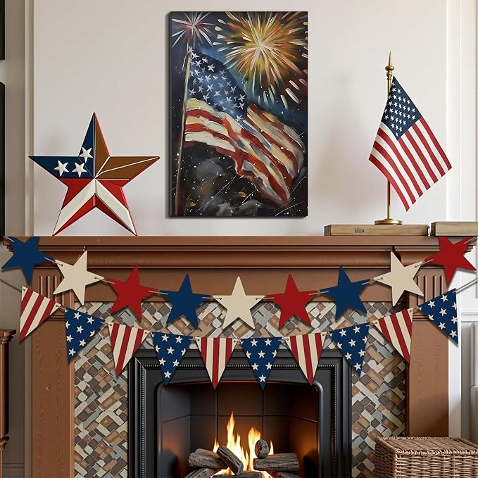 Framed 4th of July Fireworks American Flag Wall Art, Patriotic Impasto Canvas Art Pictures, USA Flag Wall Decor for Living Room Man Cave Bar, Ready to Hang Made in USA