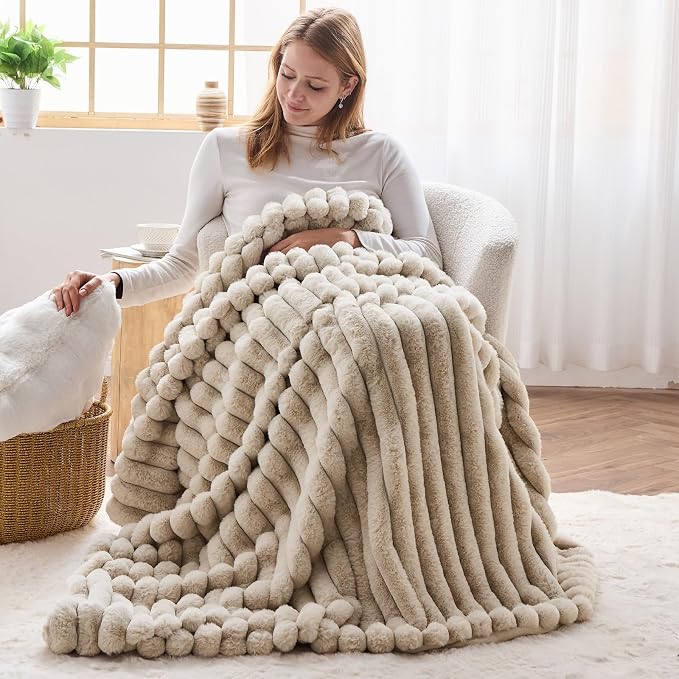 NEWCOSPLAY Faux Fur Ribbed Throw Blanket for Couch, Linen, 50"x60" | Plush Soft Thick Warm Blanket for Couch Sofa Bed 850GSM, Fluffy Cozy Luxury Decorative Throw, Gift for Women Men
