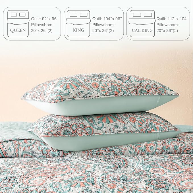 Exclusivo Mezcla Reversible Boho Quilts Queen Size Aqua | Lightweight Soft Bedspreads, All Season Paisley Coverlet Bedding Set, Printed Floral Pattern, 1 Quilt and 2 Pillow Shams