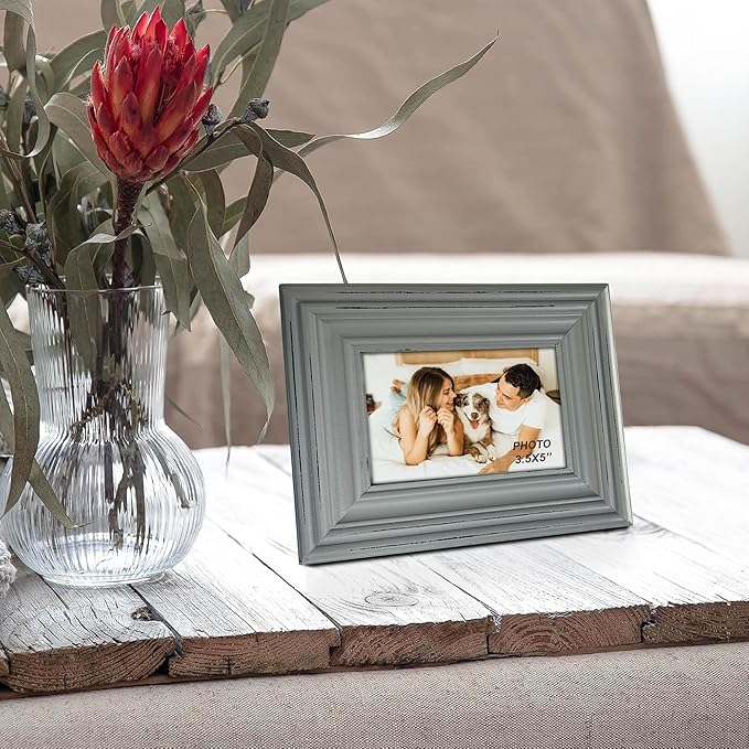 EXQUIDECA Chic Vintage 3.5x5 Inches Wooden Picture Frame Pack of 3 Farmhouse Aqua Grey White - Rustic Thick Wood High Definition Glass Photo Frame Outside 6.1x7.7 Inches