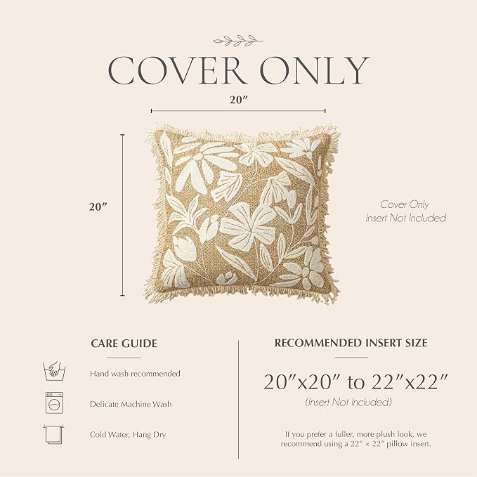 BlissBlush Throw Pillow Cover 20x20 Inch Indoor Outdoor, Jute-Look Floral Tufted Decorative Accent Pillow Case for Patio Sofa Couch Living Room, Cover Only