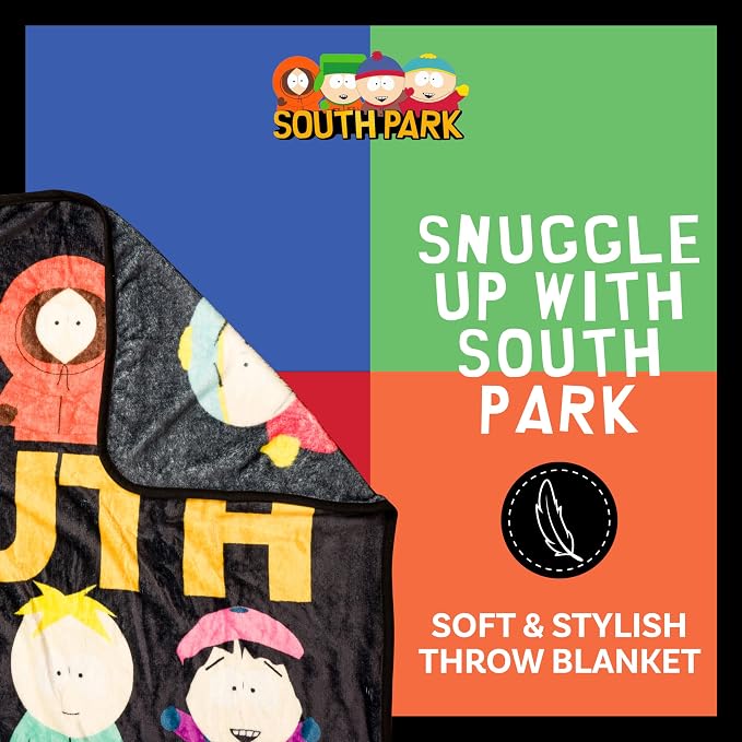 Silver Buffalo South Park Group, Fleece Throw Blanket, 45x60in | Kenny, Kyle, Stan, Eric Cartman, Tolkien, Jimmy, Butters, Wendy, Timmy, Tweek Tweak, Craig, Towelie, Soft and Cozy, 180 GSM