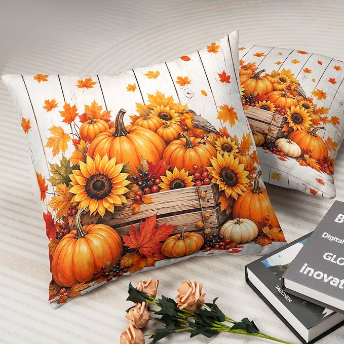 Pumpkin Throw Pillow Covers Harvest Maple Leaf Pillow Cases Thanksgiving Fall Pillow Covers 16x16 Set of 2 Autumn Sunflowers Cushion Cases for Home Bedroom Sofa Couch Patio Garden