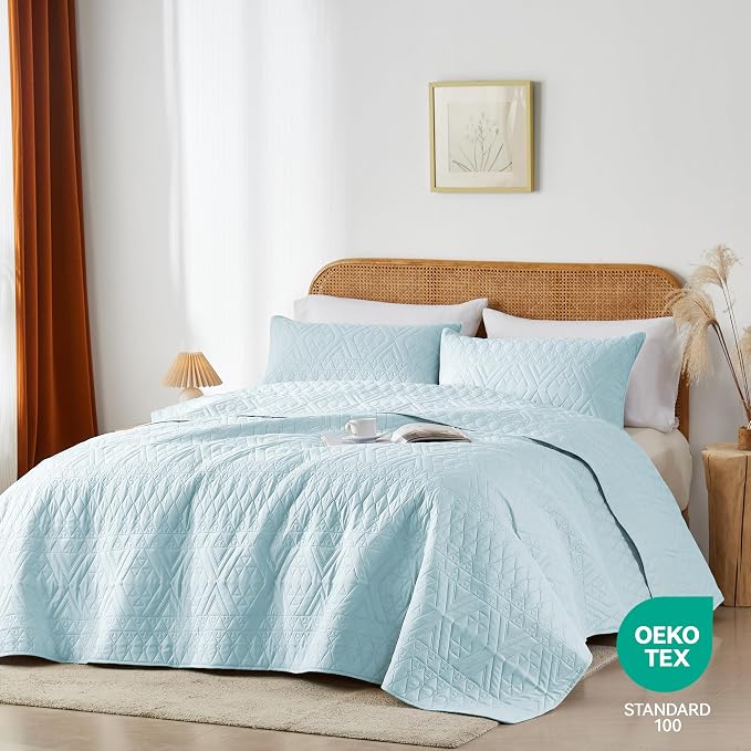 akkialla Full/Queen Size Quilt Bedding Set,Sky Blue Lightweight Microfiber Soft Bedspread,Modern Style Geoetric Pattern Coverlet Set for All Seasons,3 Piece(1 Quilt,2 Pillow Shams)