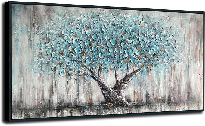 Arjun Framed Blue Tree Canvas Wall Art Extra Large Tree of Life Teal 58x29 | Living Room Bedroom Hand Painted Textured Painting Big Size Nature Picture Panoramic Landscape Artwork Home Office Wall Decor