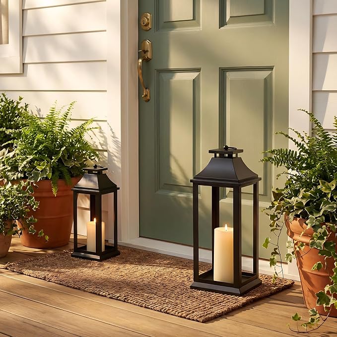 Modern Farmhouse Black Lantern Candle Holder – 18” Hanging Decorative Lantern for Indoor & Outdoor Home Décor – Ideal for Parties, Weddings, Porches, and Events (No Glass Panel), Size Medium
