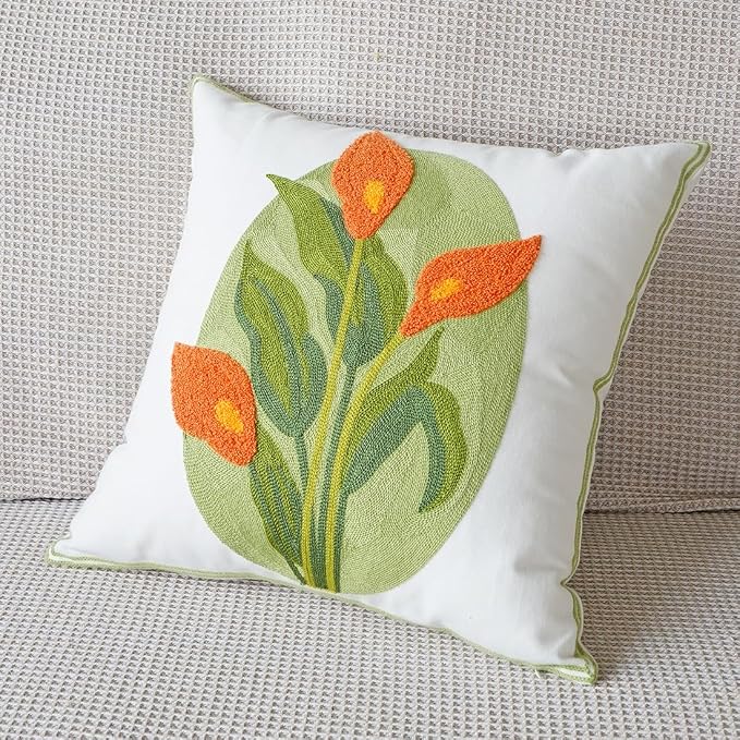 vctops Farmhouse Calla Lily Cotton Tufted Throw Pillow Cover Spring Floral Embroidery Pillowcase Soft Square Cushion Case for Sofa Couch Bed Chair (Orange C,18"x18")