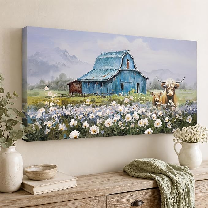 Anolyfi Farmhouse Highland Cow Canvas Wall Art for Living Room 40"x20" | HD Print, Waterproof Canvas, Easy to Hang, Durable and Colorfast, Country Barn Wall Decor for Bedroom Office Hallway Home