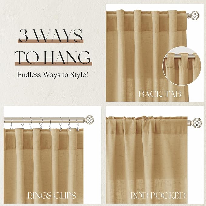 Jowels Gold Yellow Linen Curtains 84 Inch Long 2 Panels for Living Room | Light Filtering Semi Sheer Curtain, Back Tab Pocket Pleated Look, Boho Farmhouse Textured Privacy Drapes for Bedroom Window