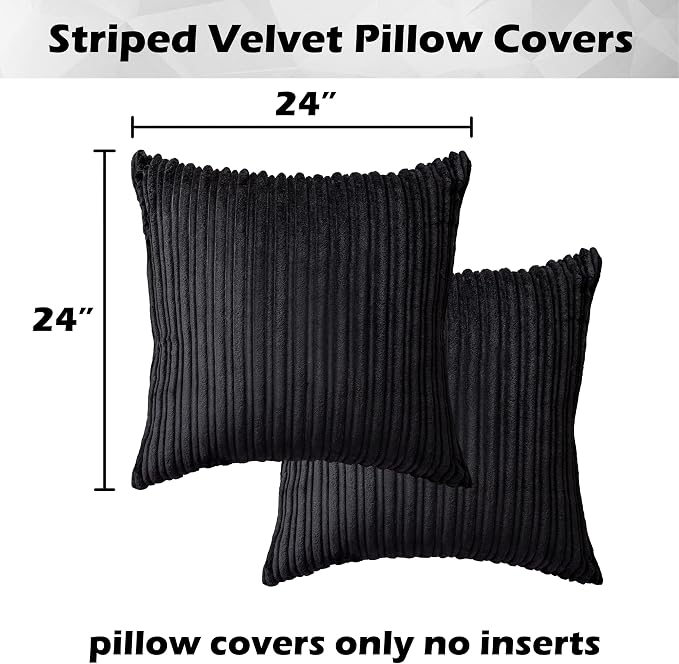 Kevin Textile Striped Corduroy 24”x24” Pillow Covers 2 Pack, Black