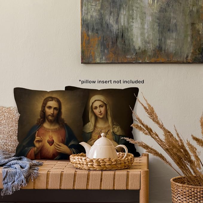 Catholic Sacred Heart of Jesus Immaculate Heart of Mary Throw Pillow Cover Gifts 18x18 Set of 2, Christian Virgin Mary Decor Pillow Cases for Bedroom, Religious Decorative Pillowcases