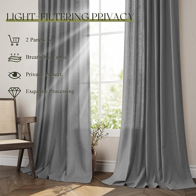 Jowels Dark Grey Linen Curtains 90 Inch Long 2 Panels for Living Room | Light Filtering Semi Sheer Curtain, Back Tab Pocket Pleated Look, Boho Farmhouse Textured Privacy Drapes for Bedroom Window