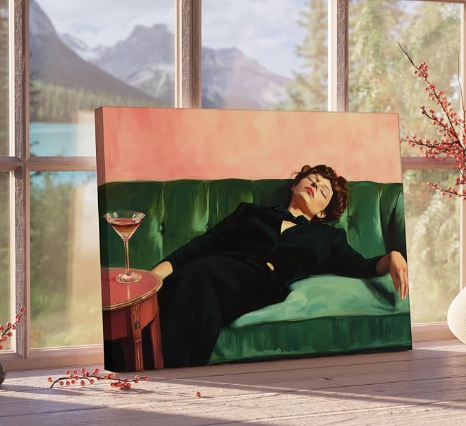 Vintage Woman Canvas Wall Art Funky Victorian Woman on Couch with Martini Picture Wall Decor Eclectic Cocktail Poster Trendy Bar Cart Decor Painting Print Artwork for Bar Kitchen Dining Room, Framed