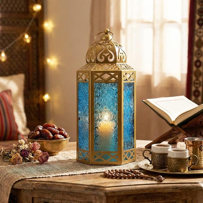 Vela Lanterns 12" Metal Moroccan Decorative Candle Lantern Holders for Hanging or Table, Indoor Home Decor, Outdoor Patio or Porch, Weddings, Gold, Blue Glass, Large