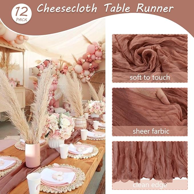 Fivenl 12 Pack Cheesecloth Table Runner 35x72 Inch Boho Gauze Rustic Cheese Cloth Long Romantic for Wedding Bridal Shower Birthday Party Decor (Dusty Blush)