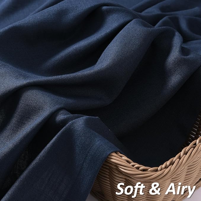 Navy Blue Linen Curtains 84 Inch Length for Living Room Bedroom 2 Panels Set Rod Pocket Light Filtering Semi Sheer Window Curtains 52 Inch Width Boho Farmhouse Linen Drapes, W52xL84