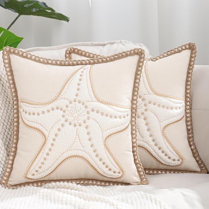 LUOYEHK Tropical Starfish Pillow Covers 18X18 Inch Set of 2 Beige Embroidered Throw Pillow Covers with Jute Rope Summer Decorative Pillowcase Square Cushion Covers for Couch Sofa Bed Home Decor