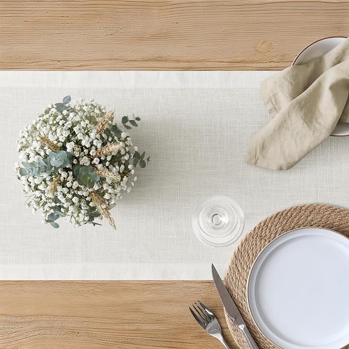100% Natural Cotton Linen Table Runner, 14x90in Natural White | 75% Linen 25% Cotton, Soft Breathable, Mitered Stitched Corner, Textured Farmhouse Table Runner, Rustic Home Kitchen Decor