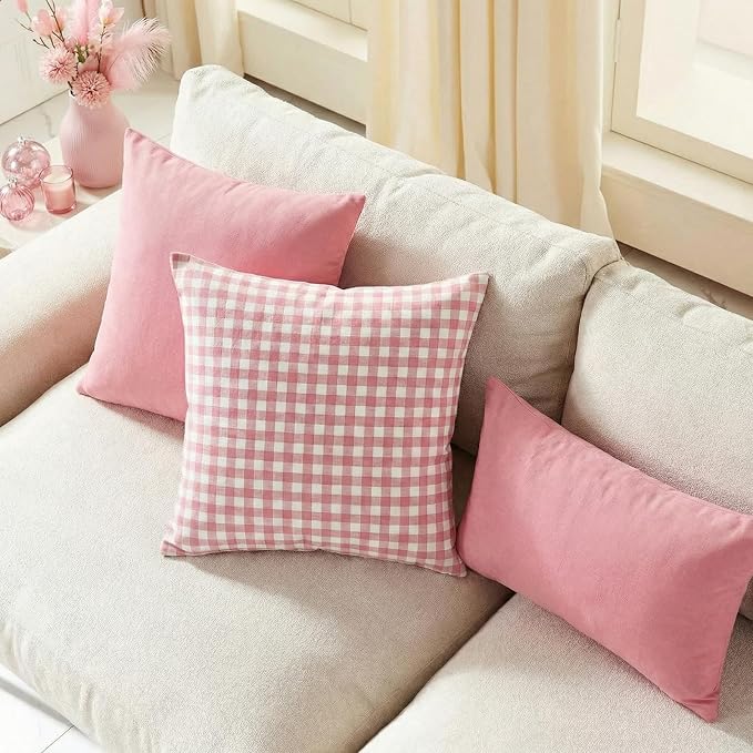 CARRIE HOME Farmhouse Pink Decorative Throw Pillow Covers 18x18 Inch Set of 4, Cute Light Pink Couch Pillow Covers 18 x 18， Spring Coquette Room Decor Boho Accent Cushion Covers for Sofa Bed