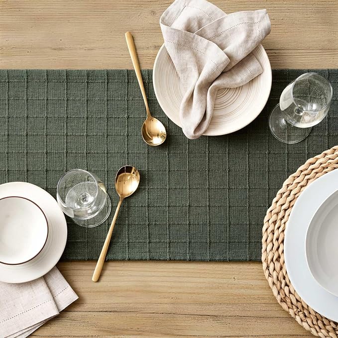 ZeeMart Artisanal Grid Linen Table Runner, 13x108 Inches Army Green | Heavy Textured, Durable Thick Fabric, Farmhouse Handwoven Feel Linen Runner, Easy Care Table Decor for Kitchen Dining Room