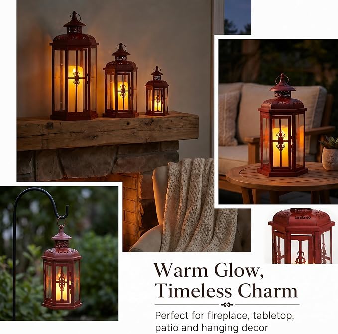 JHY DESIGN Set of 3 Decorative Candle Lanterns 20"&14"&10" H Outdoor Candle Lanterns Vintage Metal Candle Holders for Indoor, Outdoor, Parities, Garden, Porch(Red with Black Brush)