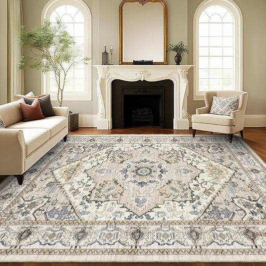 AooHHooA Washable 8x10 Boho Beige Area Rug for Living Room, Soft Stain Resistant Non-Slip Boho Vintage Area Rugs, Large Low Pile Lightweight Area Rugs for Living Room Bedroom Dining Room