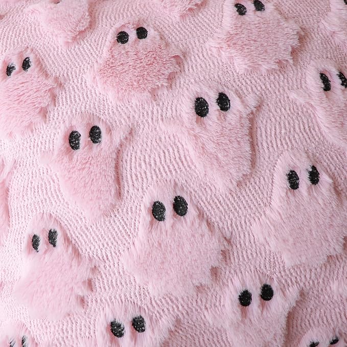 4TH Emotion Halloween Ghost Decorative Pillow Covers 20x20 Set of 2, Pink Soft Plush Faux Fur Farmhouse Throw Cushion Cases for Fall Autumn Holiday Home Decorations