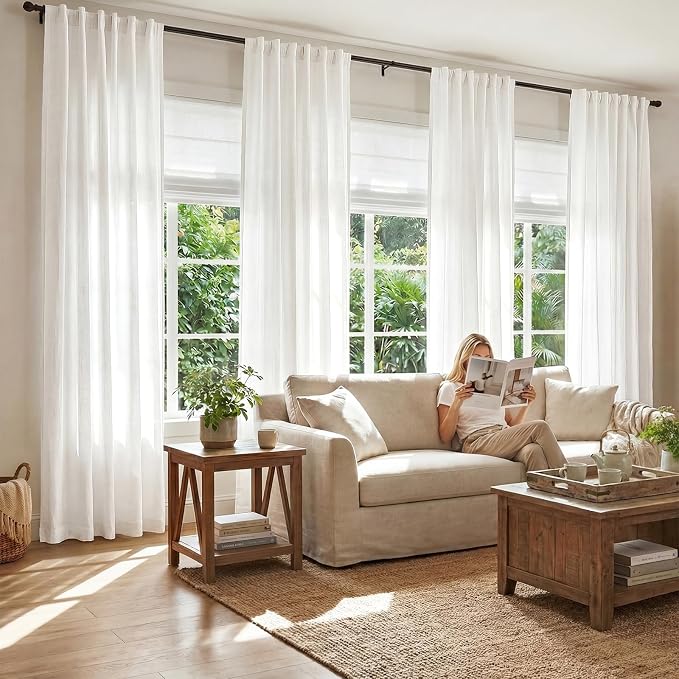 jinchan Linen Curtains Light Filtering Back Tab 50x96 Inch 2 Panels White | Semi Sheer Curtains 96 inch length for Bedroom Living Room, Modern Farmhouse Drapes with Rod Pocket, Natural Boho Curtains