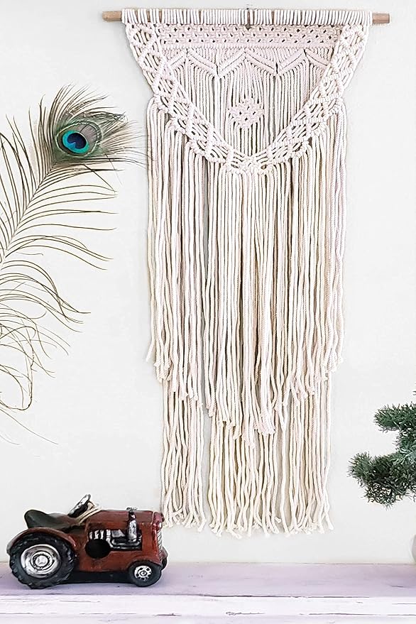 Boho Macrame Wall Hanging Woven Decor - Ivory 16 x 36 Inches Modern Bohemian Farmhouse Wall Art Tapestry Decor for House, Apartment, Dorm Room, Nursery, Party Decorations, Wedding, Wall Ornament