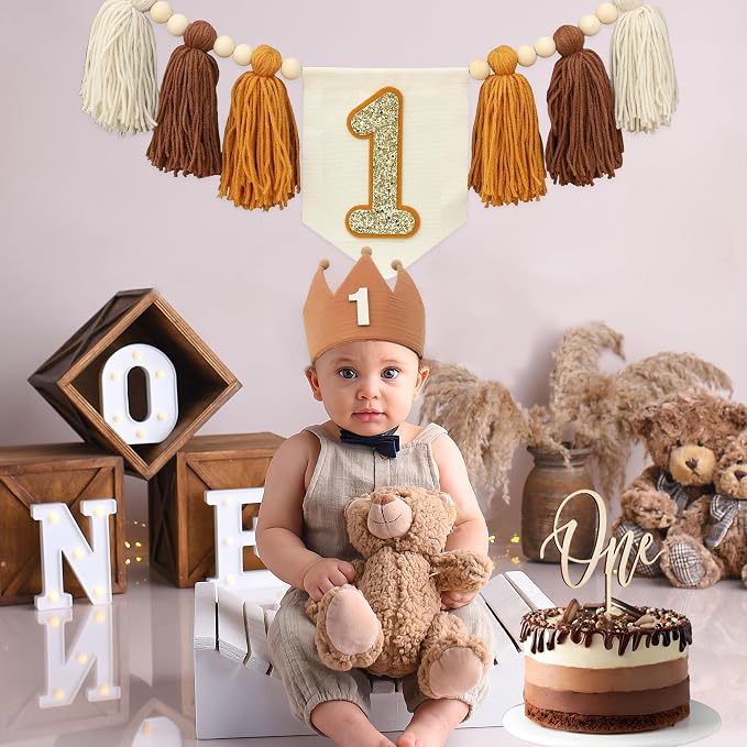Baby Boy First Birthday Party Decorations Brown High Chair Banner 1st Crown Cake Topper 1st Birthday Decor