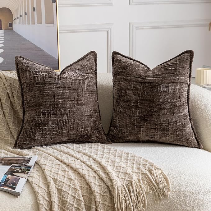 MADIZZ Pack of 2 Chenille Throw Pillow Covers 20x20 Inch Dark Taupe Soft Neutral Decorative Throw Pillows for Couch Sofa Boho Accent Cushion Covers Modern Farmhouse Home Decor for Bedroom Living Room