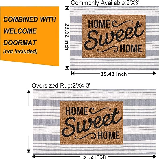 Grey and White Outdoor Doormat 24"x35"Cotton Washable Striped Outdoor Rug | Hand-Woven Cotton Outdoor Front Porch Rug For Entryway Combined With Hello Welcome Mat