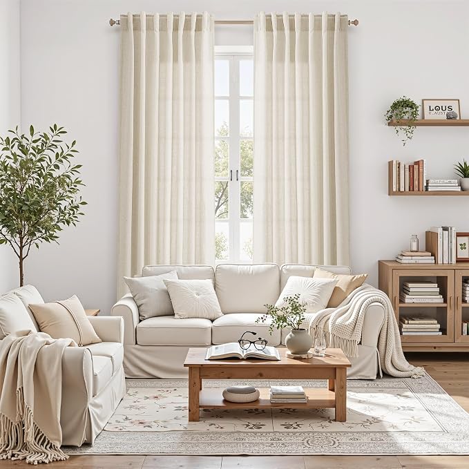 Birch Beige Linen Curtains for Living Room 98 Inches Long Light Filtering Semi Sheer Curtain Back Tab Modern Farmhouse Decor Elegant Luxury Coastal Drapes for Bedroom Dinner Room 52x98, 2 Panels