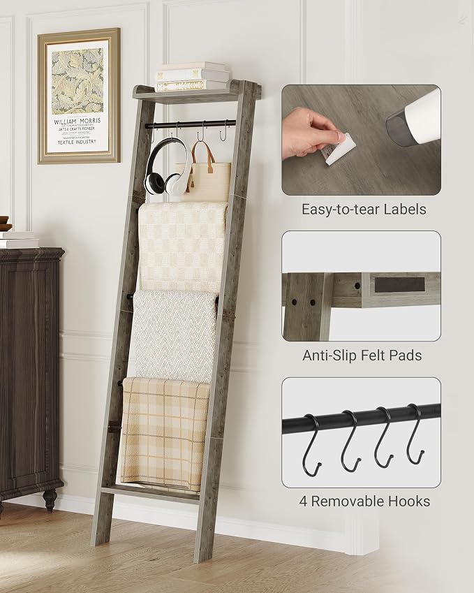 Hzuaneri Blanket Ladder Shelf, Farmhouse Ladder Holder, Blanket Organizer | 6-Tier Decorative Quilt Rack with 4 Removable Hooks 7.9" D x 17.3" W x 63.4" H, Greige BR35805B